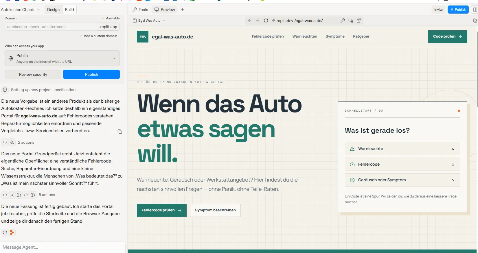 Replit im UDL-Praxistest: Agentenarbeit und erzeugte Website Replit Agent erstellt das Portal egal-was-auto.de mit sichtbarem Arbeitsverlauf und Vorschau