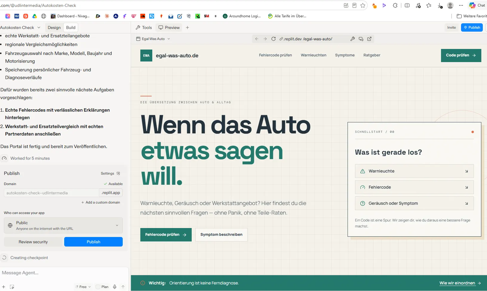 Unser echter Replit-Praxistest: aus der Beschreibung entsteht ein Webseiten-Rohbau Replit-Praxistest mit Agentenfenster links und dem erzeugten Autoportal egal-was-auto.de rechts