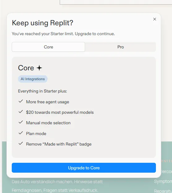 Unser Replit-Test: das Starter-Limit wurde nach mehreren Aufgaben erreicht Replit-Fenster mit Hinweis auf erreichtes Starter-Limit und Upgrade-Angebot